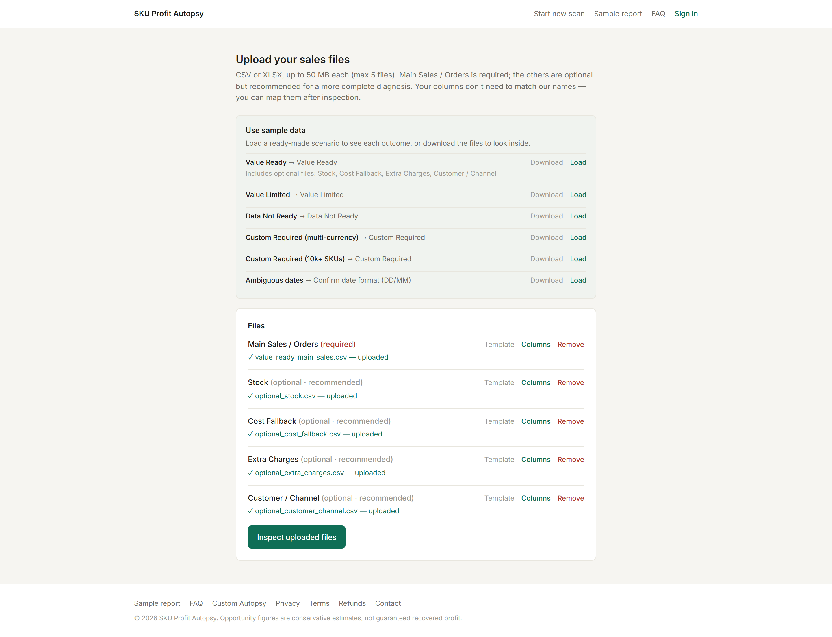 Upload page with the Main Sales slot and four optional slots filled