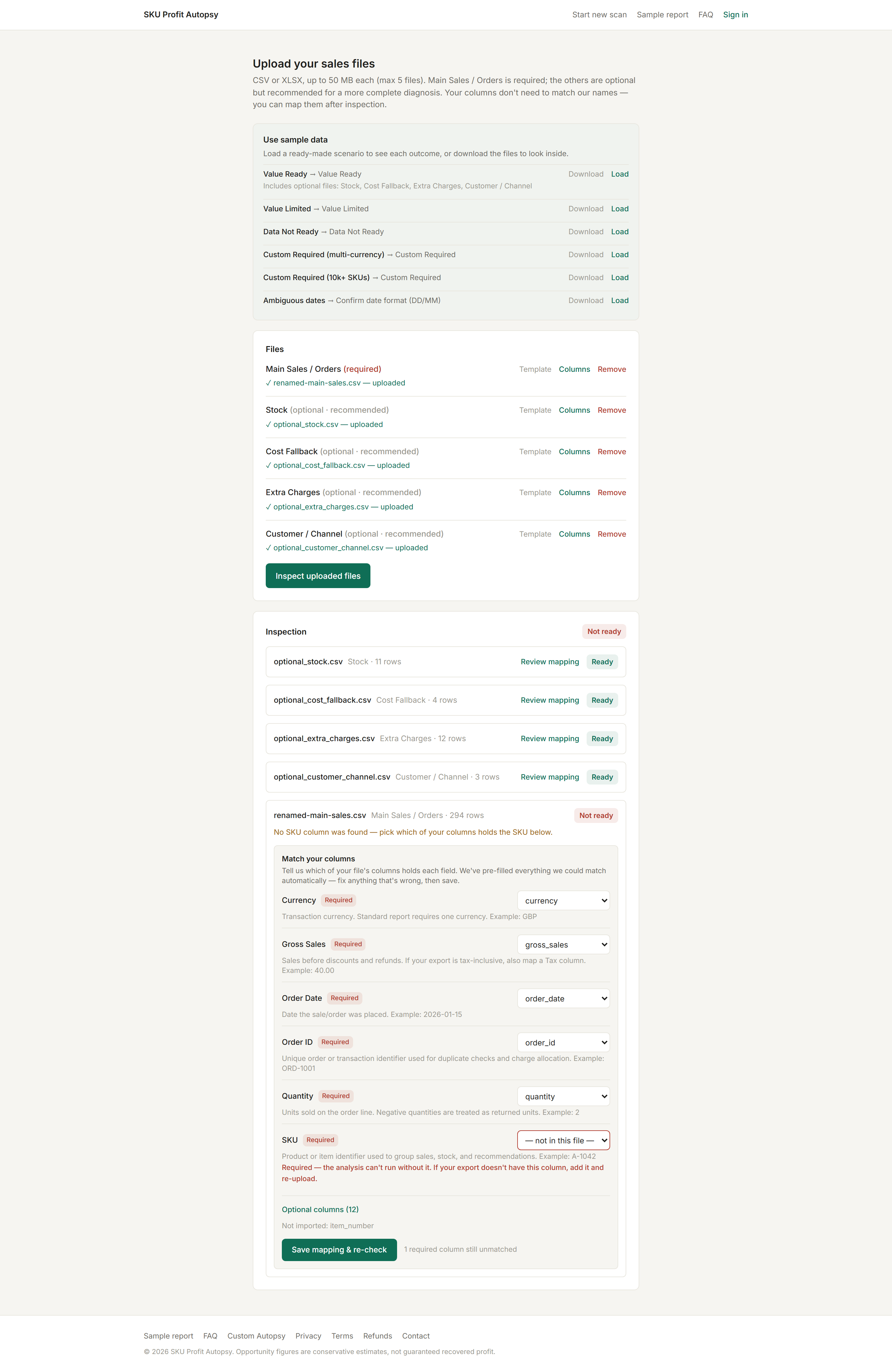 Mapping editor flagging an unmatched SKU column with a dropdown to fix it
