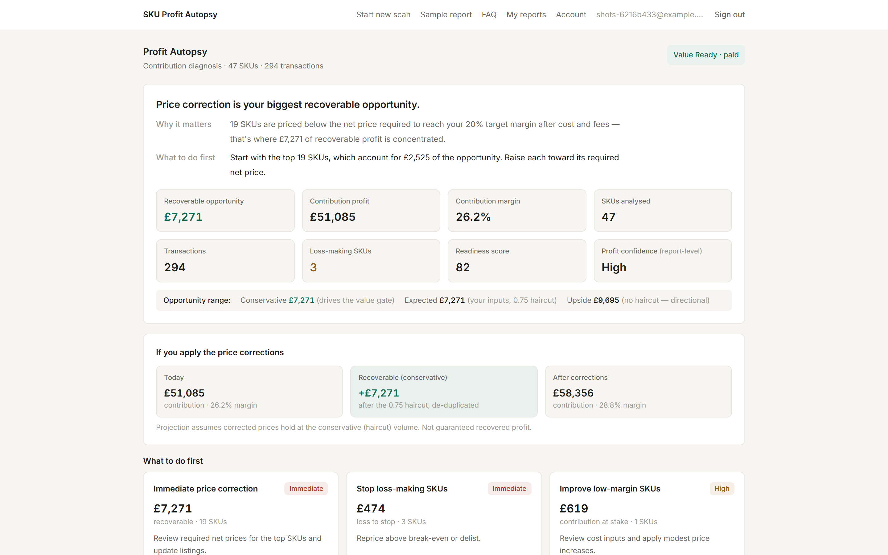 Top of the paid report: diagnosis and KPI strip